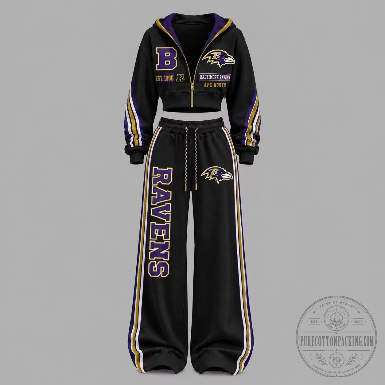 Baltimore Ravens Women's Cropped Zip-Up Hoodie and Wide Leg Pants Set