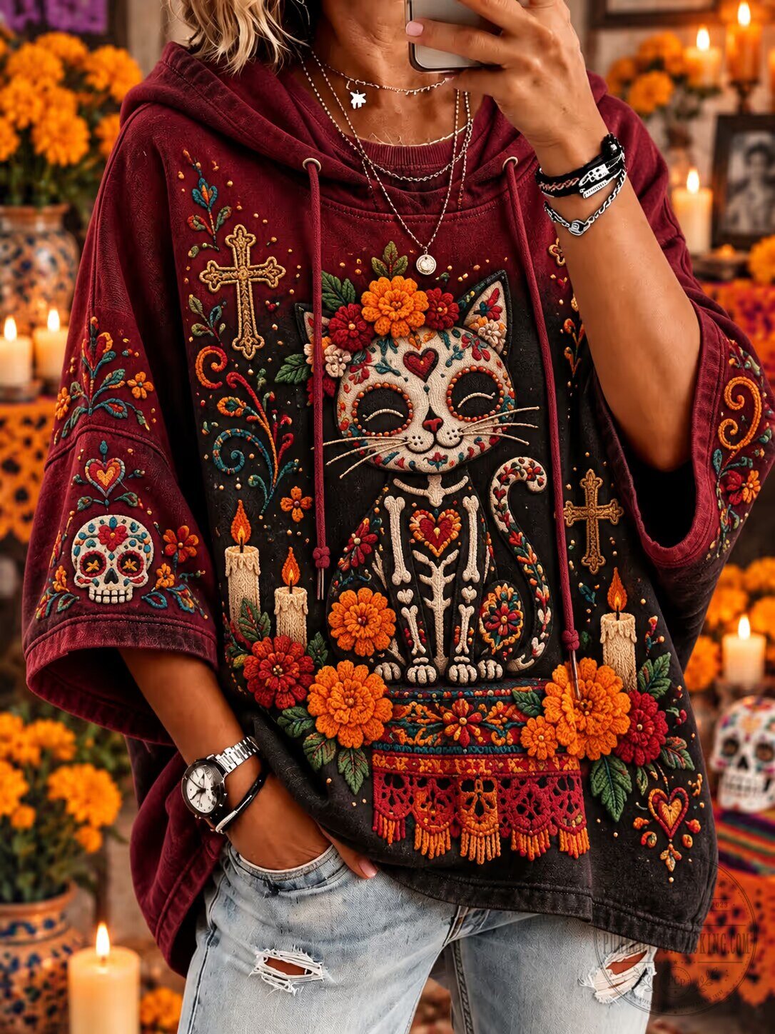 Day of the Dead Sugar Skull Cat Floral Embroidered Hoodie